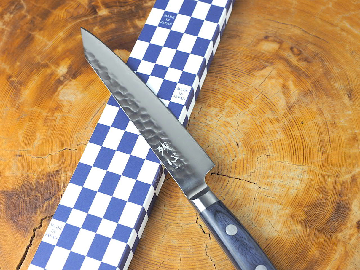 残心 Zan Shin AO (from Seki) - AUS10 Steel Kiritsuke (K-tip) Hammered Finish Petty Knife Navy Pakkawood Handle 13.5cm