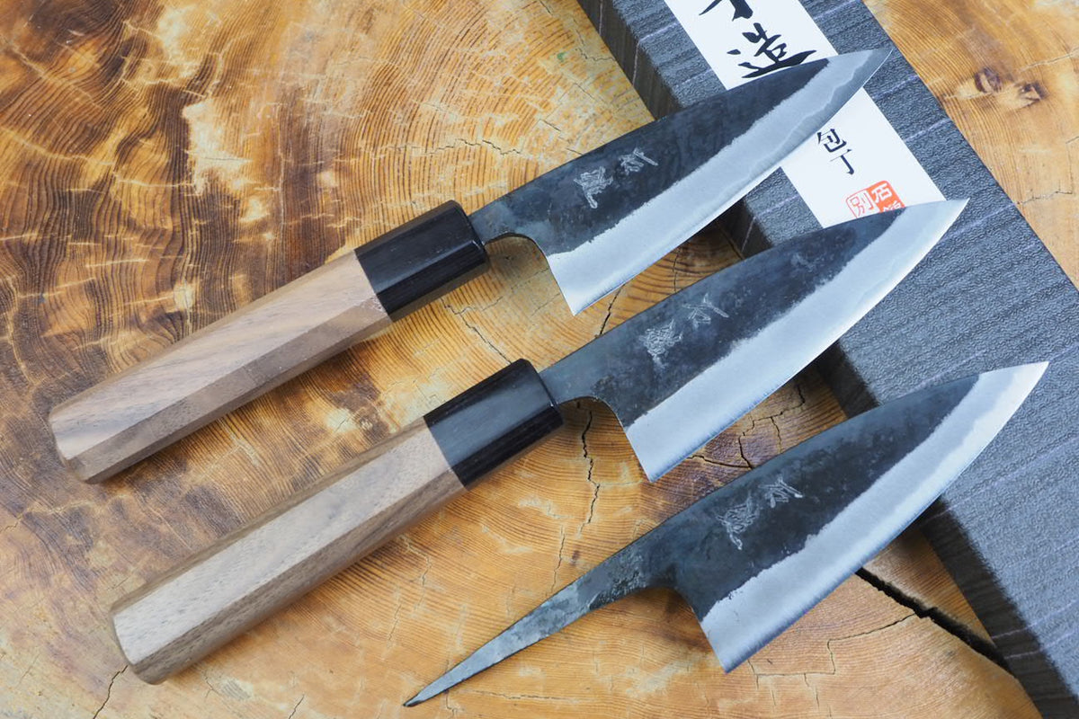 Ishizuchi (from Tosa) - Blue-2 Carbon Steel Kurouchi Ajikiri Knife (10.5cm)