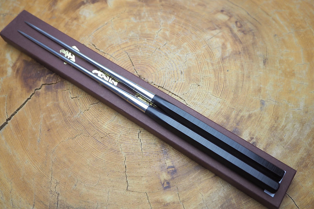 Moribashi Hexagonal Black Plywood Handle Stainless-steel Serving Chopsticks 135mm