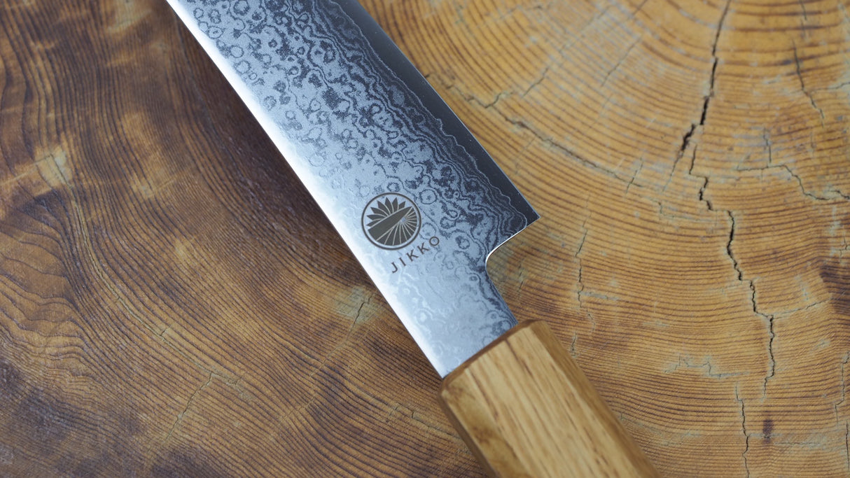 Sakai Jikko "Loco Damascus" Wa-Petty Knife VG10 Mirror-Polished Nickel Damascus with Japanese Oak Handle (13.5cm)
