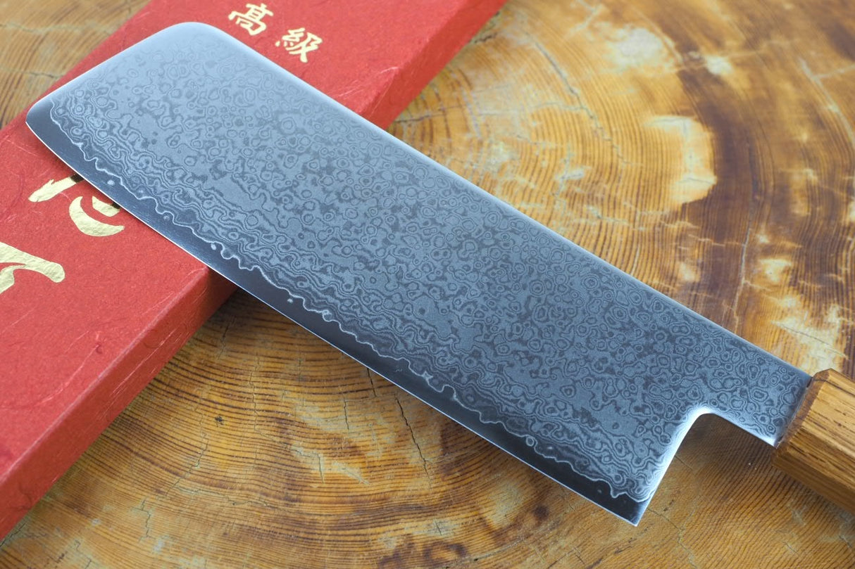 Sakai Jikko "Loco Damascus" Wa-Nakiri Knife VG10 Mirror-Polished Nickel Damascus with Japanese Oak Handle (16.5cm)