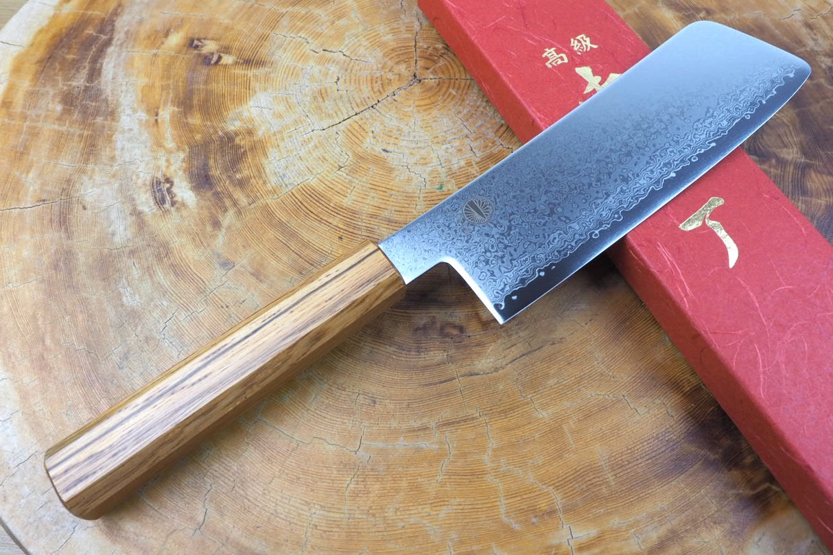 Sakai Jikko "Loco Damascus" Wa-Nakiri Knife VG10 Mirror-Polished Nickel Damascus with Japanese Oak Handle (16.5cm)