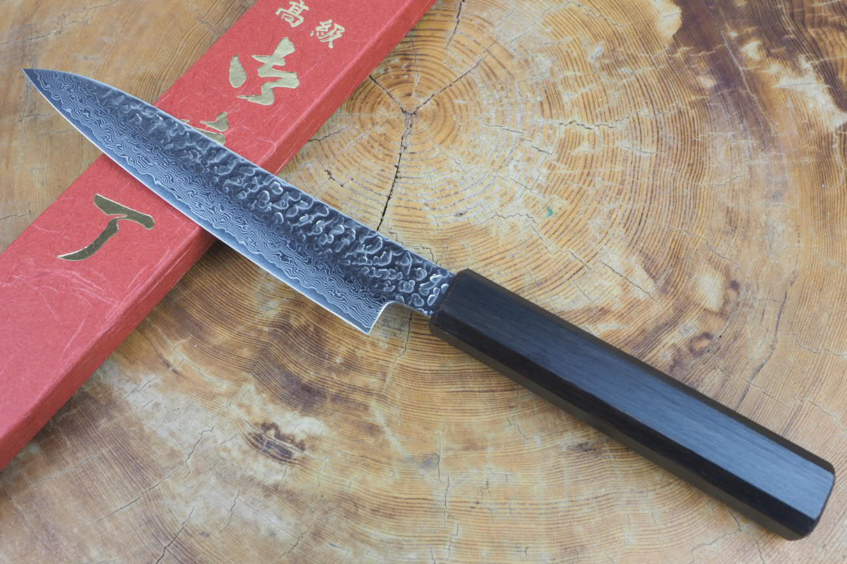 Sakai Jikko "Loco Damascus Black" Wa-Petty Knife SG2 Powdered High Speed Steel Damascus Hammered Finish with Black Japanese Oak Handle (13.5cm)