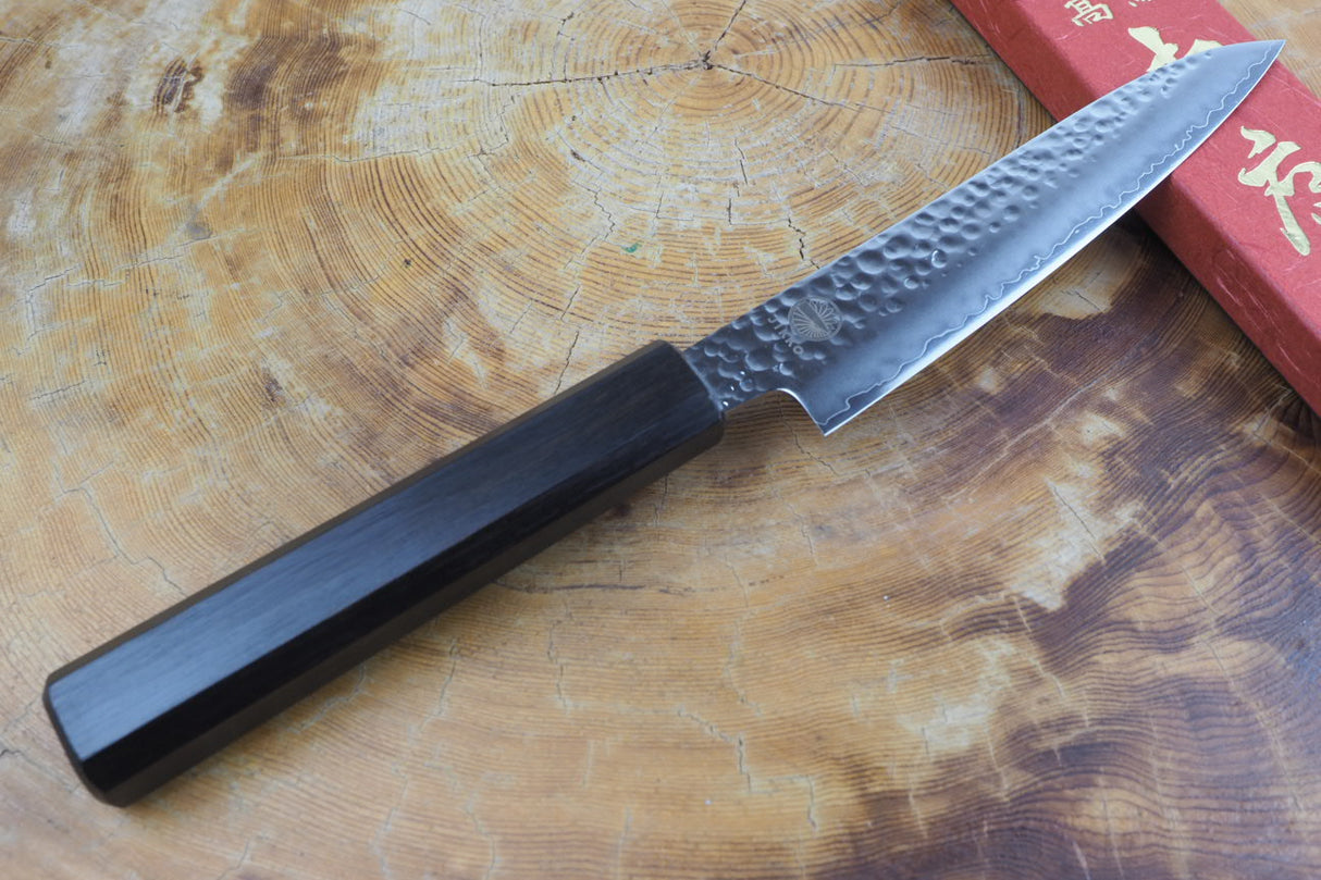 Sakai Jikko "Loco Black" Wa-Petty Knife VG10 Core Hammered Finish Black Japanese Oak Handle (13.5cm)