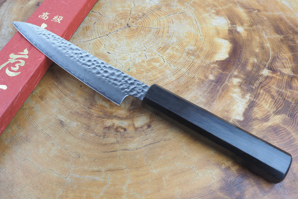 Sakai Jikko "Loco Black" Wa-Petty Knife VG10 Core Hammered Finish Black Japanese Oak Handle (13.5cm)