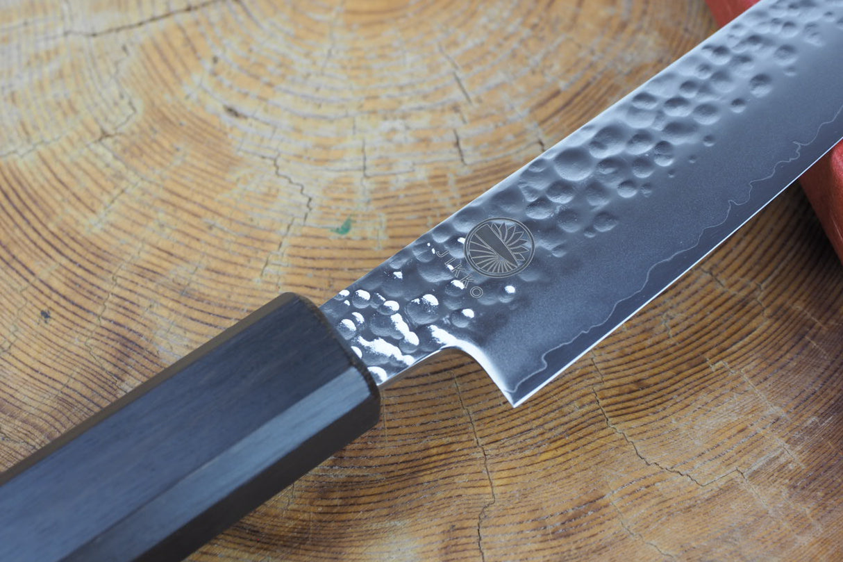 Sakai Jikko "Loco Black" Wa-Petty Knife VG10 Core Hammered Finish Black Japanese Oak Handle (13.5cm)