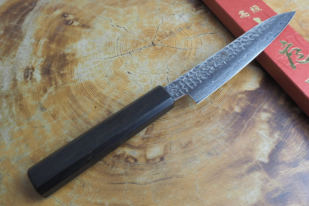 Sakai Jikko "Loco Damascus Black" Wa-Petty Knife SG2 Powdered High Speed Steel Damascus Hammered Finish with Black Japanese Oak Handle (13.5cm)