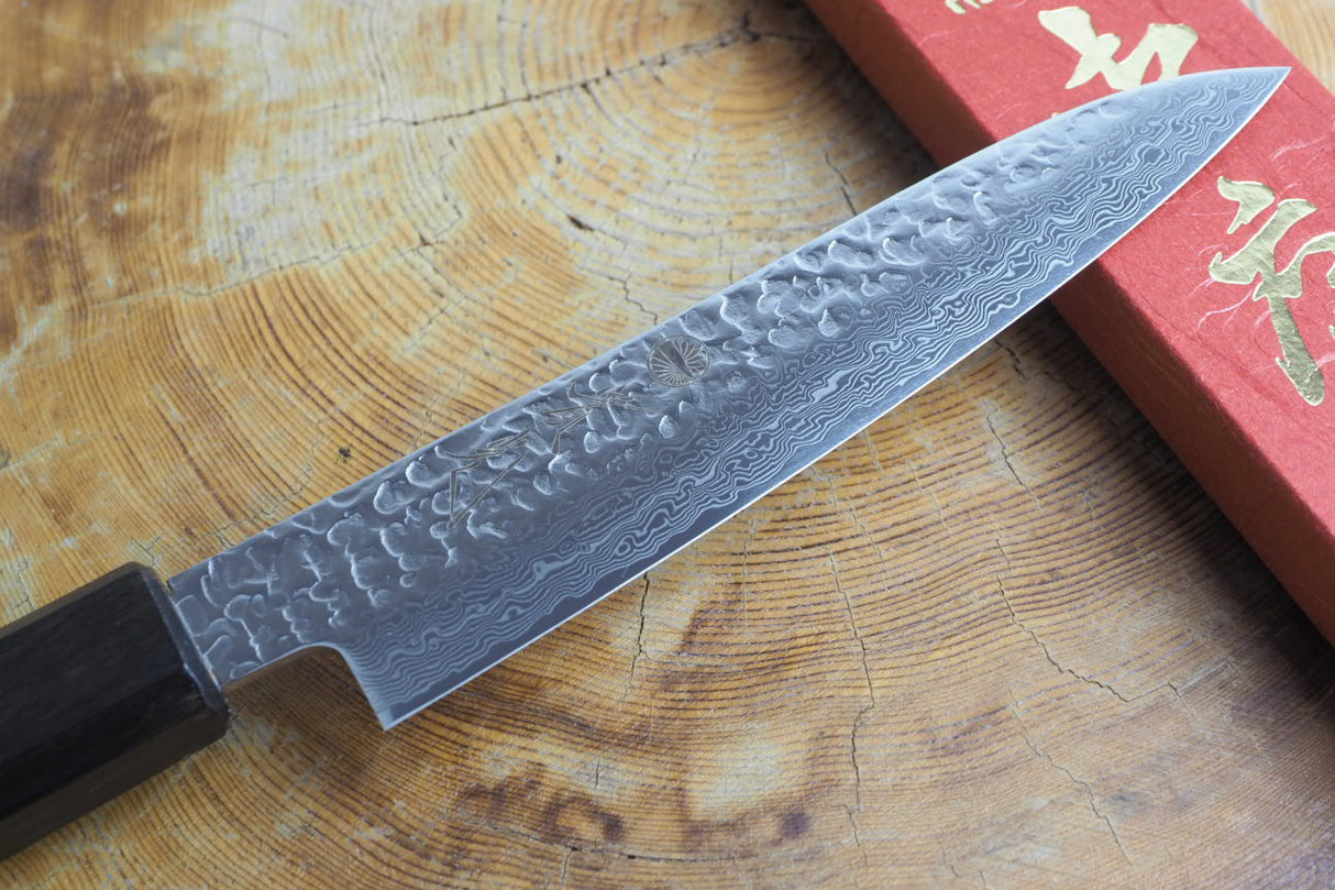 Sakai Jikko "Loco Damascus Black" Wa-Petty Knife SG2 Powdered High Speed Steel Damascus Hammered Finish with Black Japanese Oak Handle (13.5cm)
