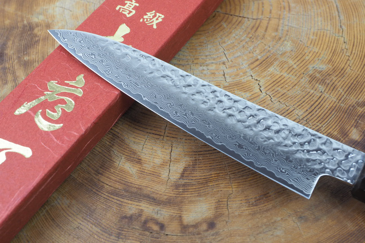 Sakai Jikko "Loco Damascus Black" Wa-Petty Knife SG2 Powdered High Speed Steel Damascus Hammered Finish with Black Japanese Oak Handle (13.5cm)