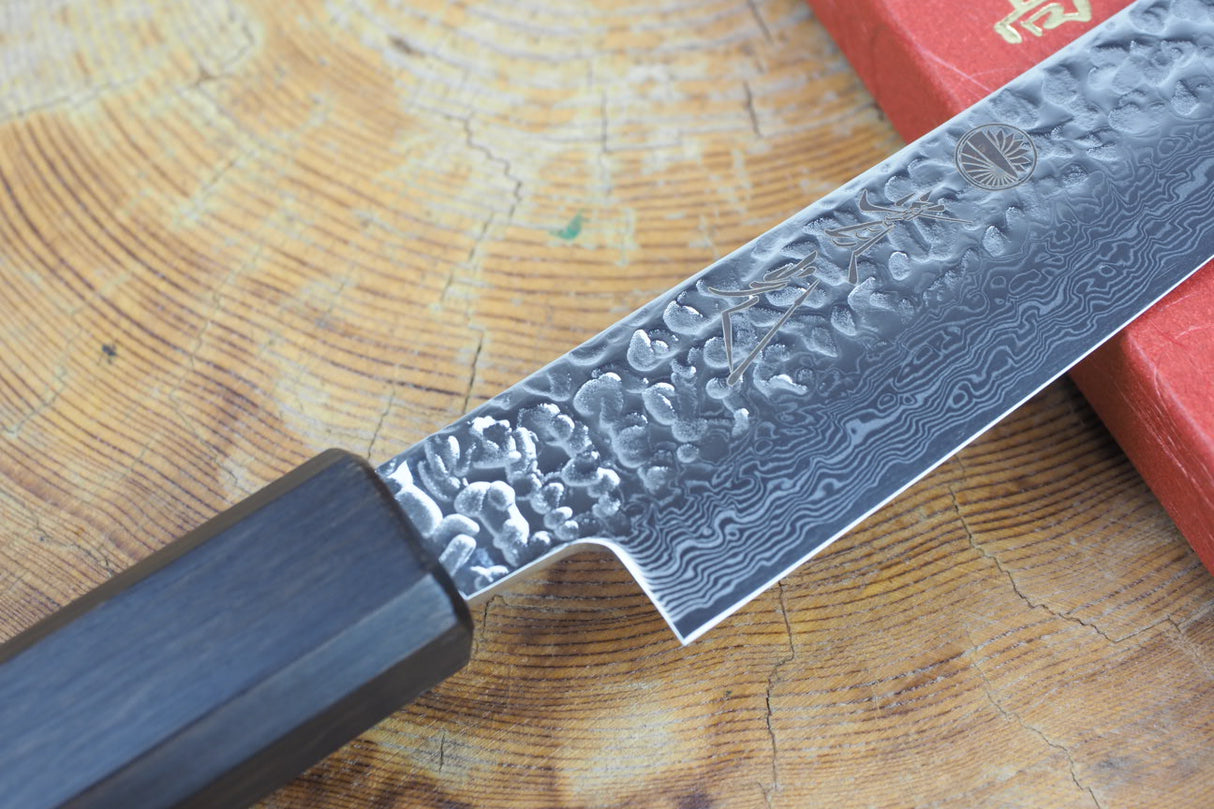 Sakai Jikko "Loco Damascus Black" Wa-Petty Knife SG2 Powdered High Speed Steel Damascus Hammered Finish with Black Japanese Oak Handle (13.5cm)