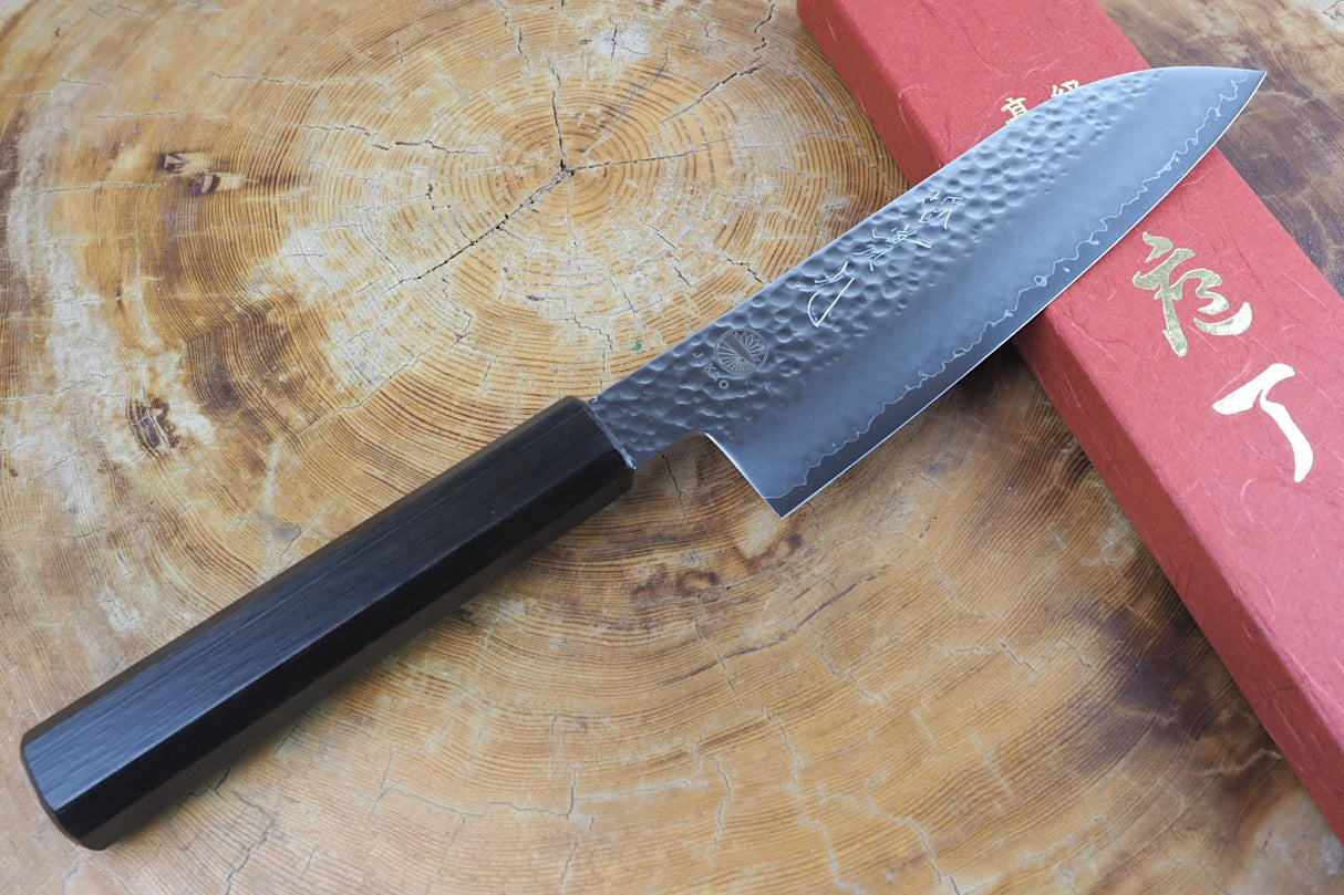 Sakai Jikko "Loco Black" Wa-Santoku Knife VG10 Core Hammered Finish Black Japanese Oak Handle (16.5cm)