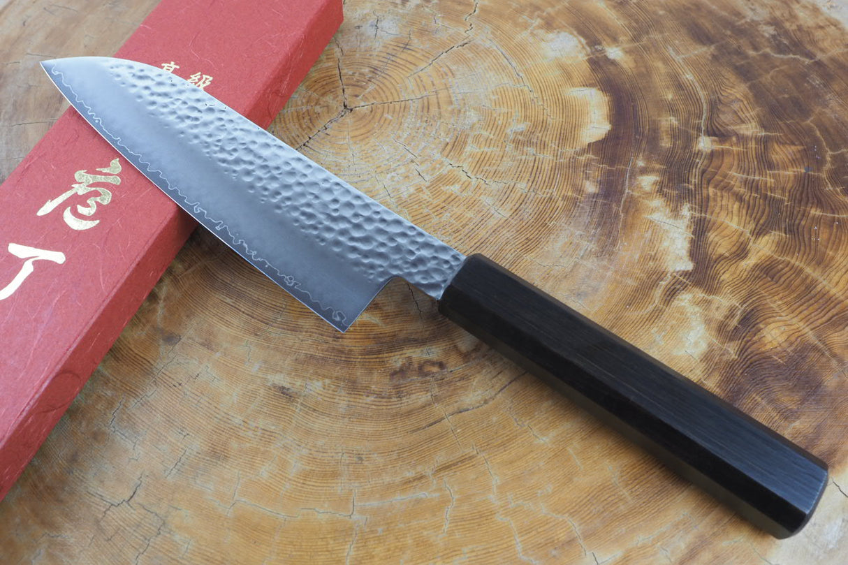 Sakai Jikko "Loco Black" Wa-Santoku Knife VG10 Core Hammered Finish Black Japanese Oak Handle (16.5cm)