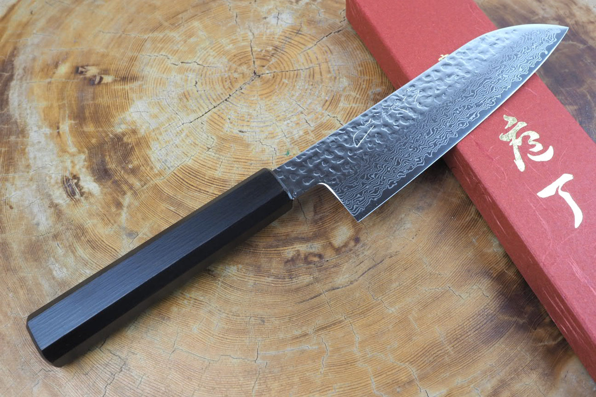 Sakai Jikko "Loco Damascus Black" Wa-Santoku Knife SG2 Powdered High Speed Steel Damascus Hammered Finish with Black Japanese Oak Handle (16.5cm)