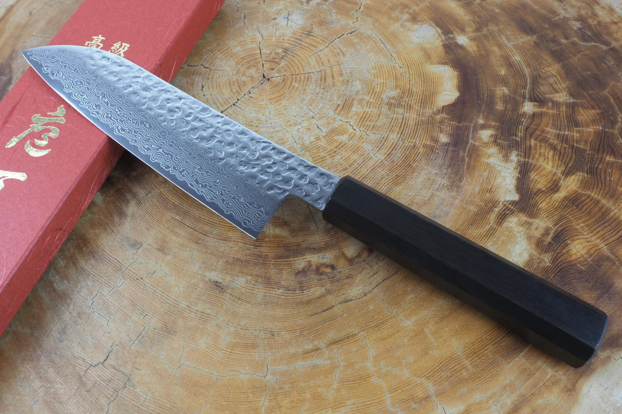 Sakai Jikko "Loco Damascus Black" Wa-Santoku Knife SG2 Powdered High Speed Steel Damascus Hammered Finish with Black Japanese Oak Handle (16.5cm)