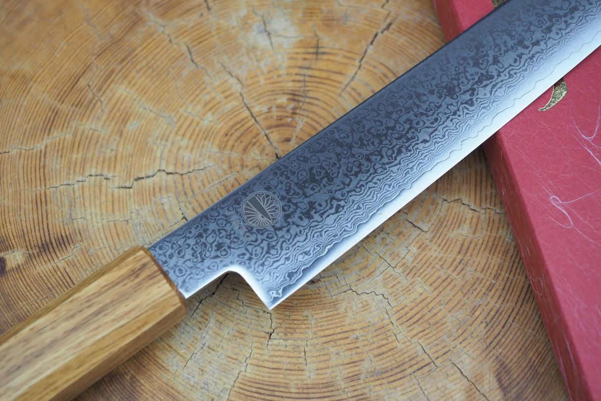 Sakai Jikko "Loco Damascus" Wa-Sujihiki Carving/Slicer VG10 Mirror-Polished Nickel Damascus with Japanese Oak Handle (24cm/27cm)