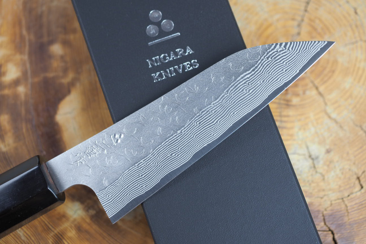 Nigara Hamono - SPG Strix Damascus Petty with Ebony Handle 12cm