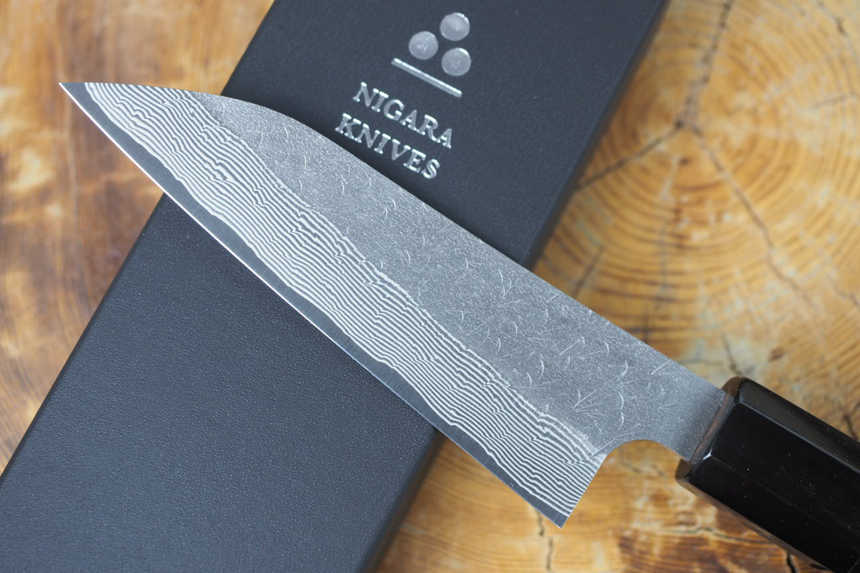 Nigara Hamono - SPG Strix Damascus Petty with Ebony Handle 12cm