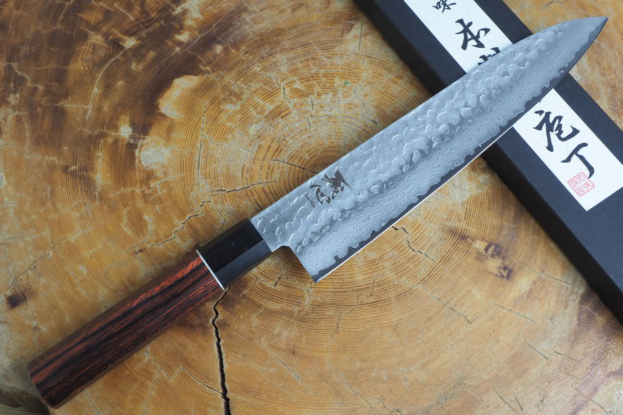 残心 Zan Shin® Akatsuki (from Seki) - VG10 Gyuto Chef's Knife Damascus Hammered Finish 21cm/24cm with Mahogany Handle