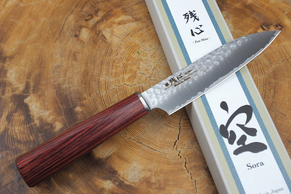 残心 Zan Shin SORA (from Seki) - VG10 Petty Knife Hammered Finish 12cm with Red Laminated Plywood Handle