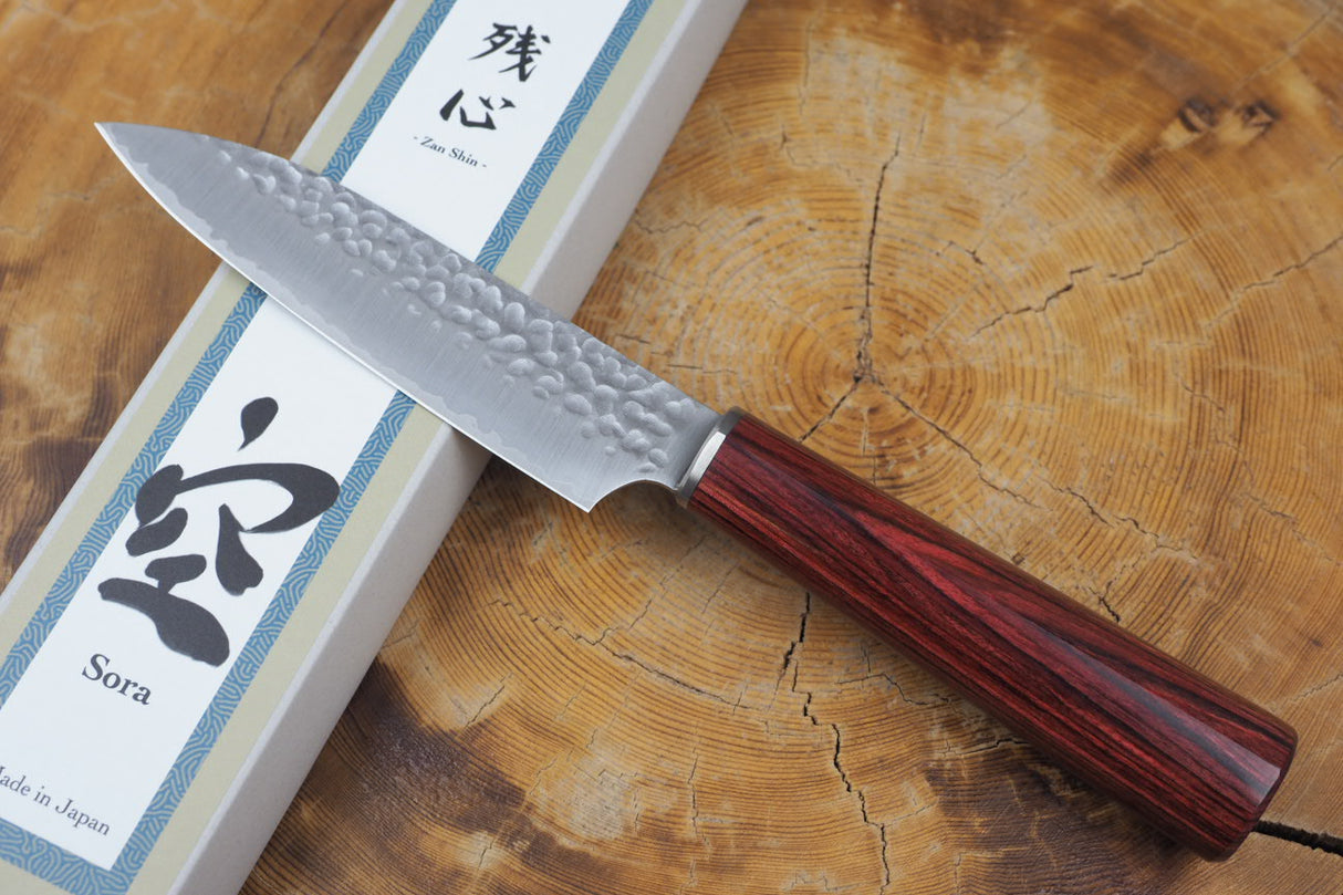 残心 Zan Shin SORA (from Seki) - VG10 Petty Knife Hammered Finish 12cm with Red Laminated Plywood Handle
