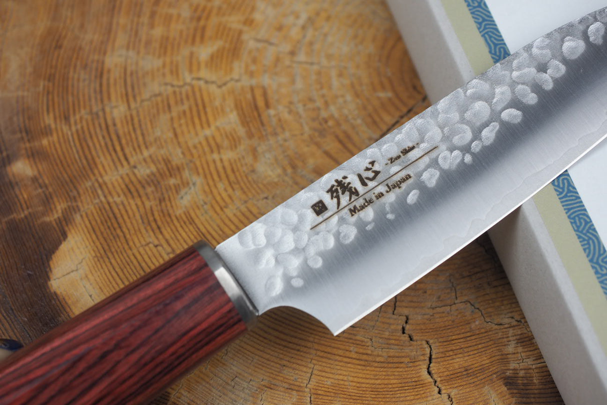 残心 Zan Shin SORA (from Seki) - VG10 Petty Knife Hammered Finish 12cm with Red Laminated Plywood Handle