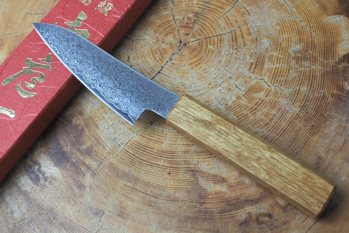Sakai Jikko "Loco Damascus" Wa-Paring Knife VG10 Mirror-Polished Nickel Damascus with Japanese Oak Handle (9cm)