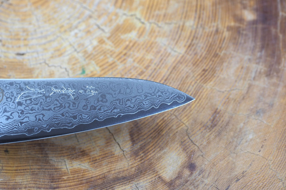 Sakai Jikko "Loco Damascus" Wa-Paring Knife VG10 Mirror-Polished Nickel Damascus with Japanese Oak Handle (9cm)