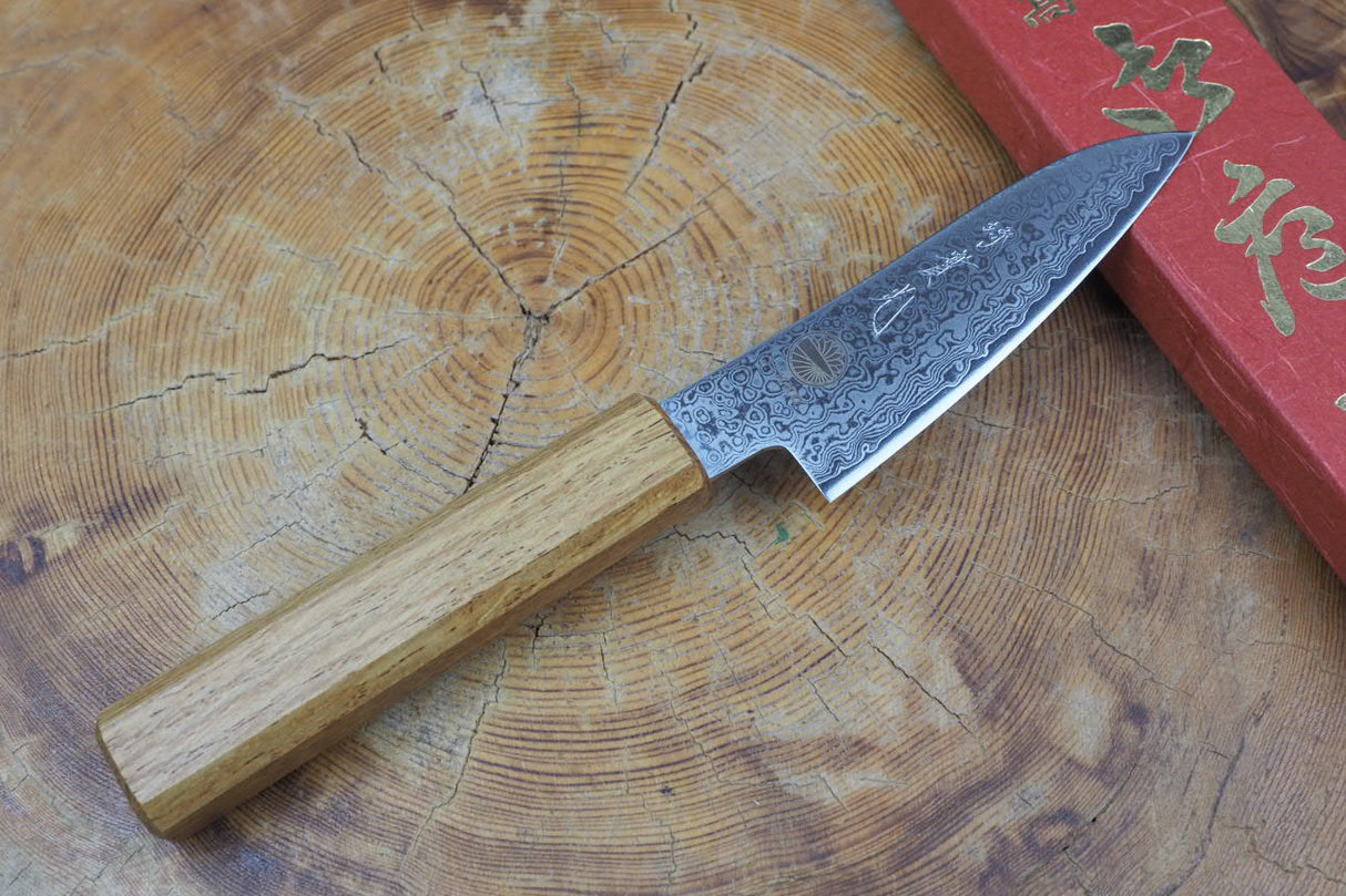 Sakai Jikko "Loco Damascus" Wa-Paring Knife VG10 Mirror-Polished Nickel Damascus with Japanese Oak Handle (9cm)