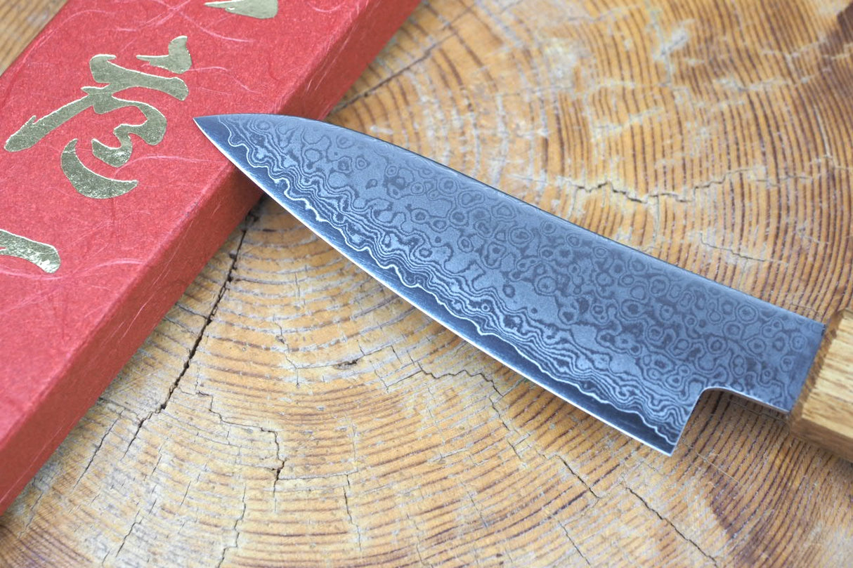 Sakai Jikko "Loco Damascus" Wa-Paring Knife VG10 Mirror-Polished Nickel Damascus with Japanese Oak Handle (9cm)