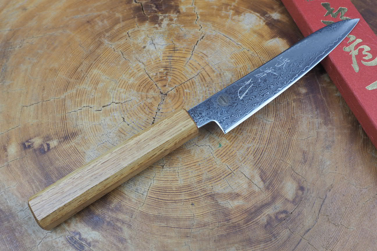 Sakai Jikko "Loco Damascus" Wa-Petty Knife VG10 Mirror-Polished Nickel Damascus with Japanese Oak Handle (13.5cm)