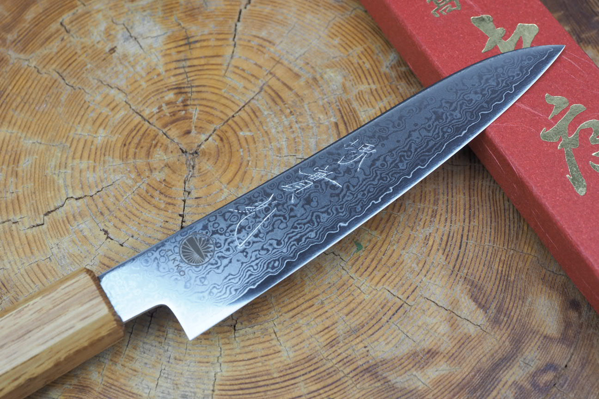Sakai Jikko "Loco Damascus" Wa-Petty Knife VG10 Mirror-Polished Nickel Damascus with Japanese Oak Handle (13.5cm)