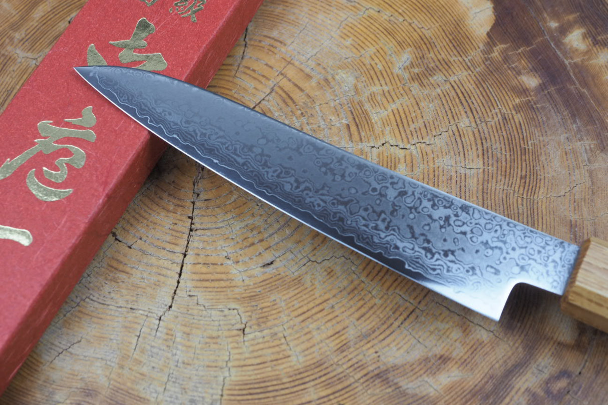Sakai Jikko "Loco Damascus" Wa-Petty Knife VG10 Mirror-Polished Nickel Damascus with Japanese Oak Handle (13.5cm)