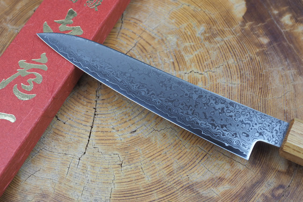 Sakai Jikko "Loco Damascus" Wa-Petty Knife VG10 Mirror-Polished Nickel Damascus with Japanese Oak Handle (13.5cm)