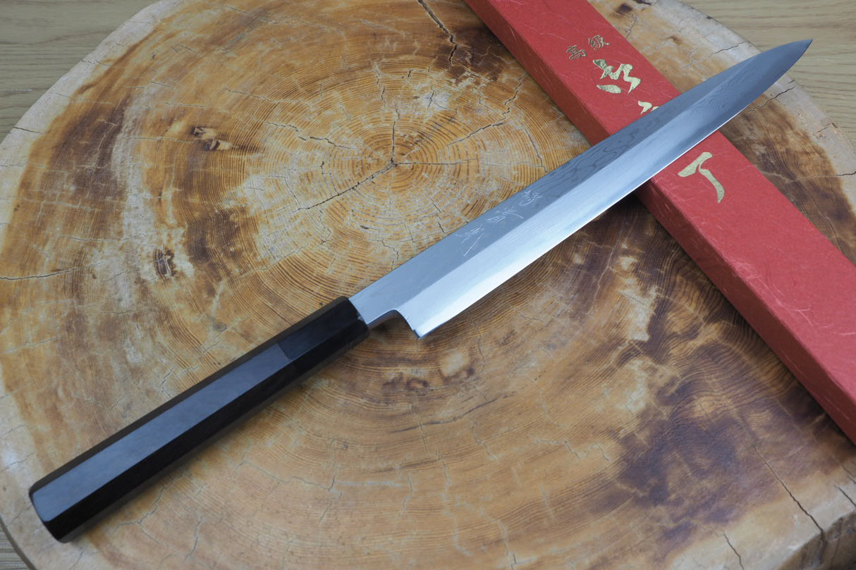 Sakai Jikko Sashimi (Yanagiba) Knife-Blue-1 Steel Damascus with Ebony Handle (27cm)