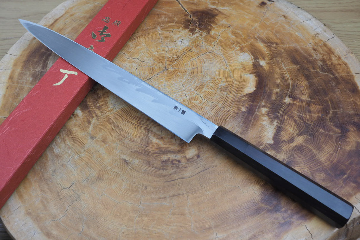 Sakai Jikko Sashimi (Yanagiba) Knife-Blue-1 Steel Damascus with Ebony Handle (27cm)