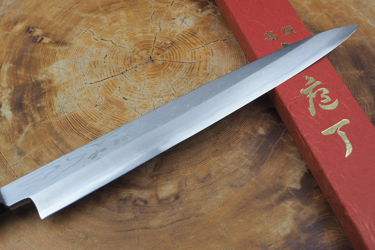 Sakai Jikko Sashimi (Yanagiba) Knife-Blue-1 Steel Damascus with Ebony Handle (27cm)