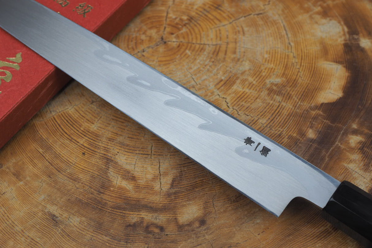Sakai Jikko Sashimi (Yanagiba) Knife-Blue-1 Steel Damascus with Ebony Handle (27cm)