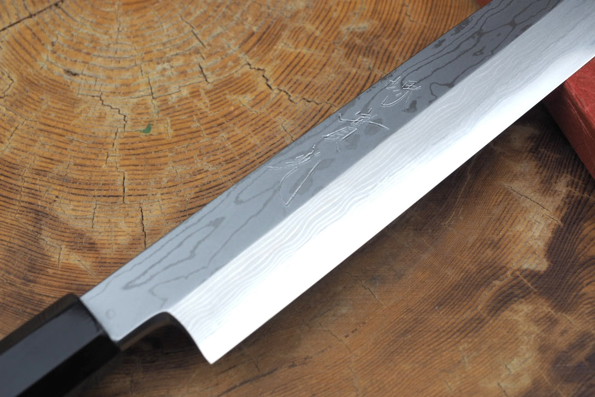 Sakai Jikko Sashimi (Yanagiba) Knife-Blue-1 Steel Damascus with Ebony Handle (27cm)