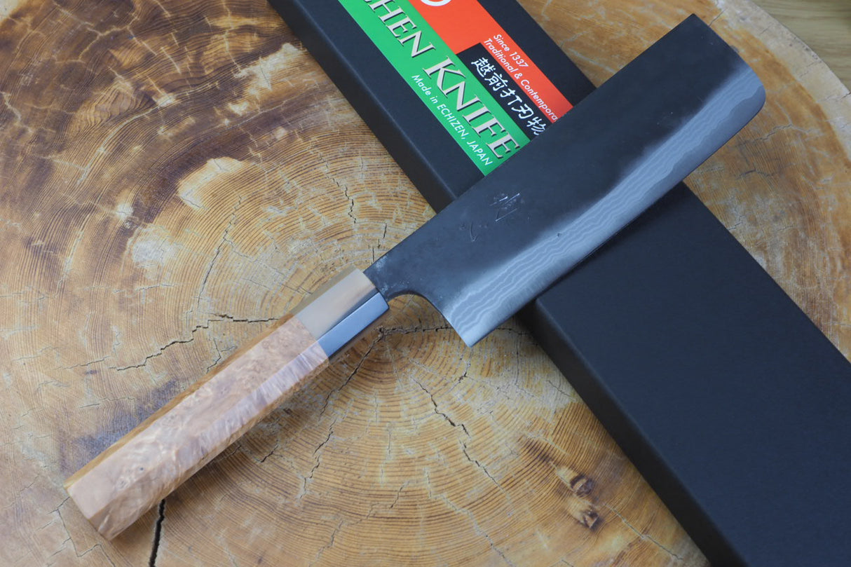 Kamo Knives - Hand Forged V2 Steel Kurouchi Damascus Nakiri Knife 16.5cm