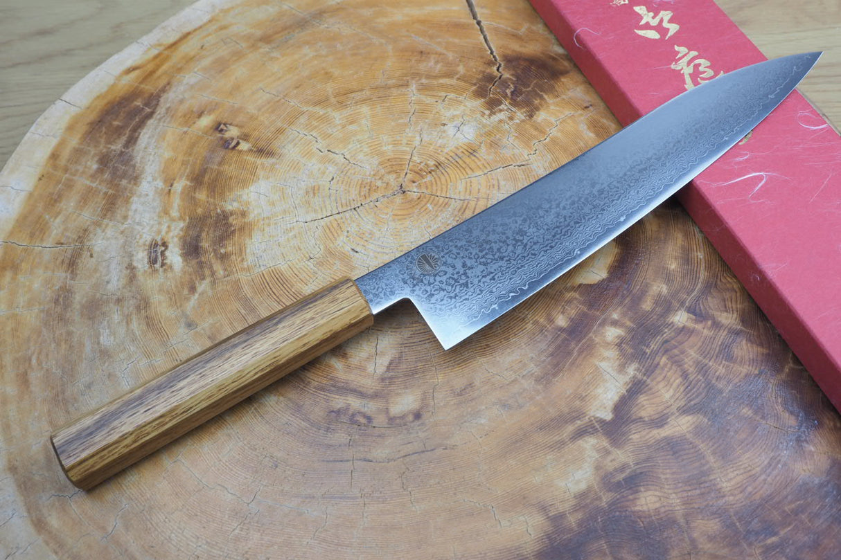 Sakai Jikko "Loco Damascus" Wa-Gyuto Knife VG10 Mirror-Polished Nickel Damascus with Japanese Oak Handle (21cm/24cm)