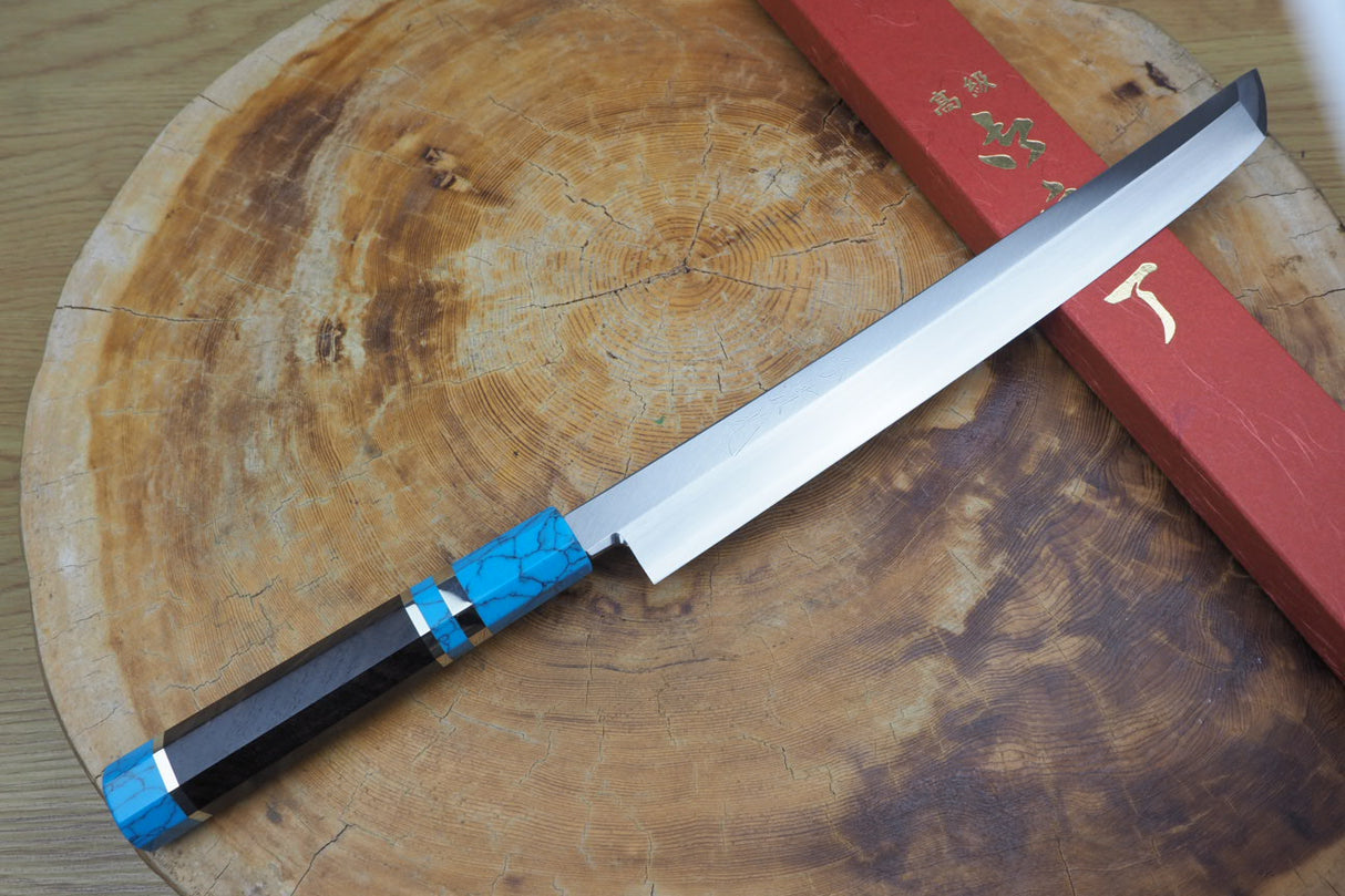 Sakai Jikko "Shikou" Ginsan Silver-3 Steel Sakimaru Sashimi Knife 27cm Turquoise-Colour handle