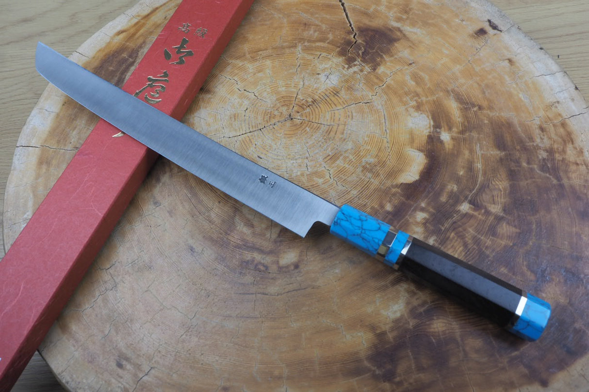 Sakai Jikko "Shikou" Ginsan Silver-3 Steel Sakimaru Sashimi Knife 27cm Turquoise-Colour handle