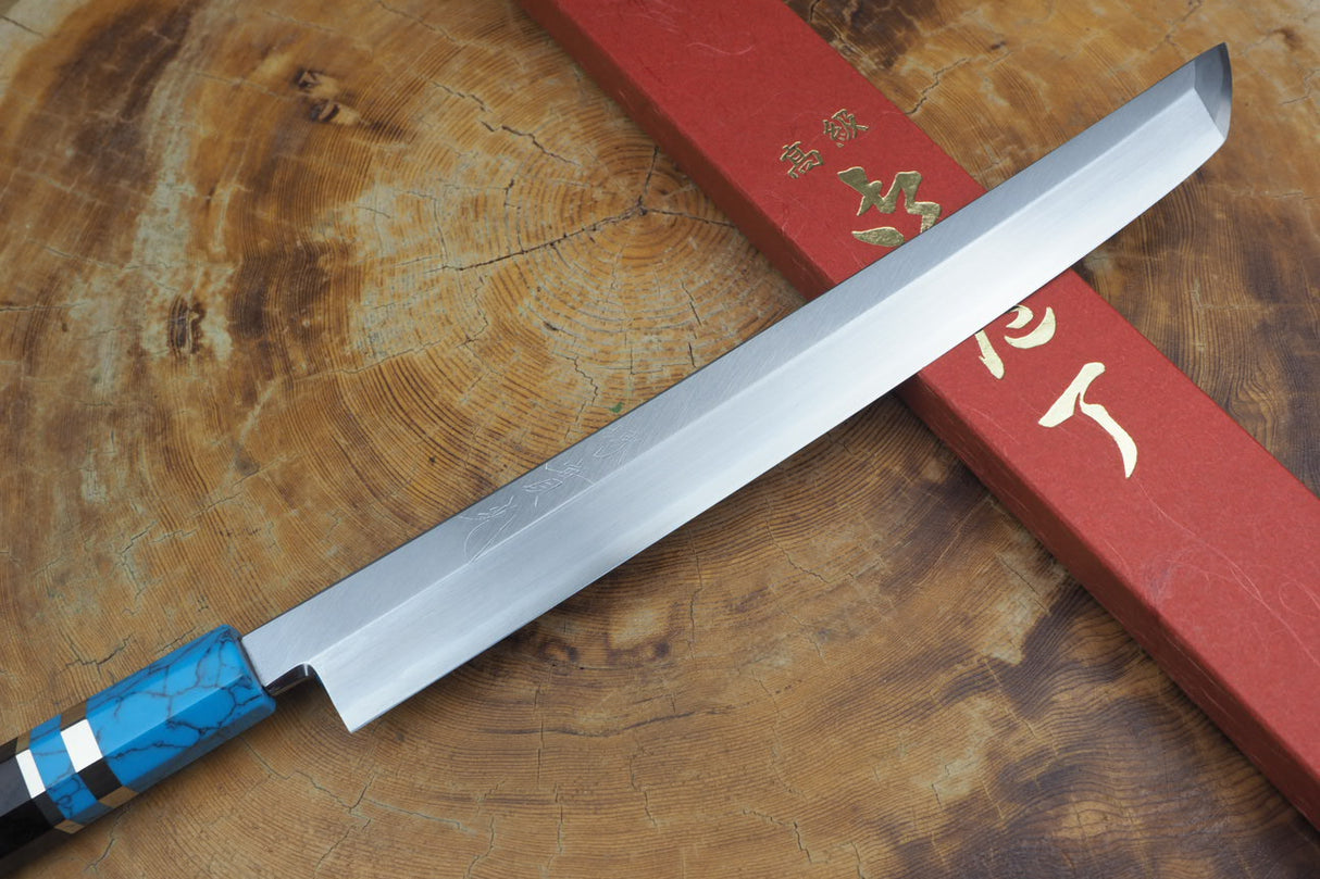 Sakai Jikko "Shikou" Ginsan Silver-3 Steel Sakimaru Sashimi Knife 27cm Turquoise-Colour handle