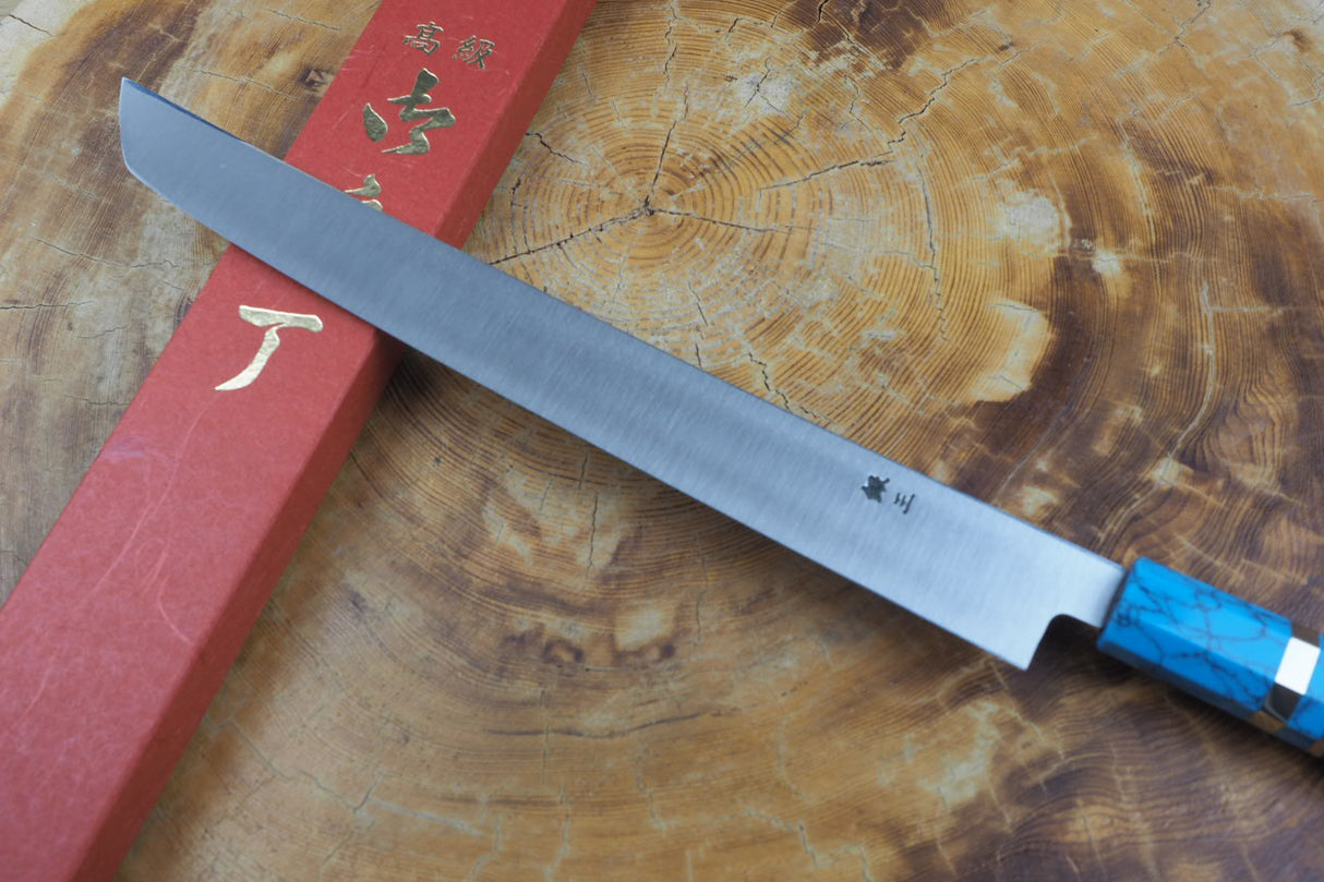 Sakai Jikko "Shikou" Ginsan Silver-3 Steel Sakimaru Sashimi Knife 27cm Turquoise-Colour handle