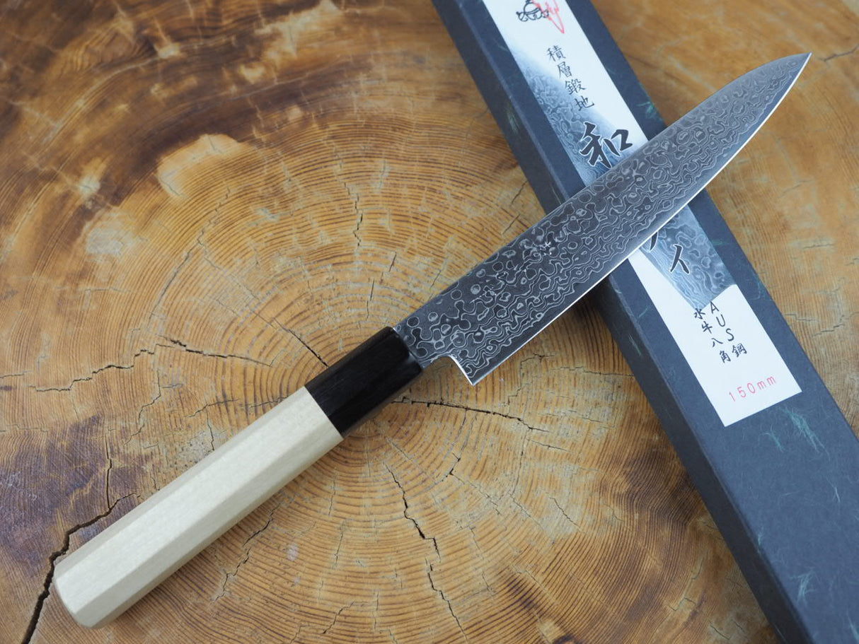 Misuzu Wa-Petty AUS10 Core Damascus Steel Magnolia and Buffalo Horn Handle 15cm