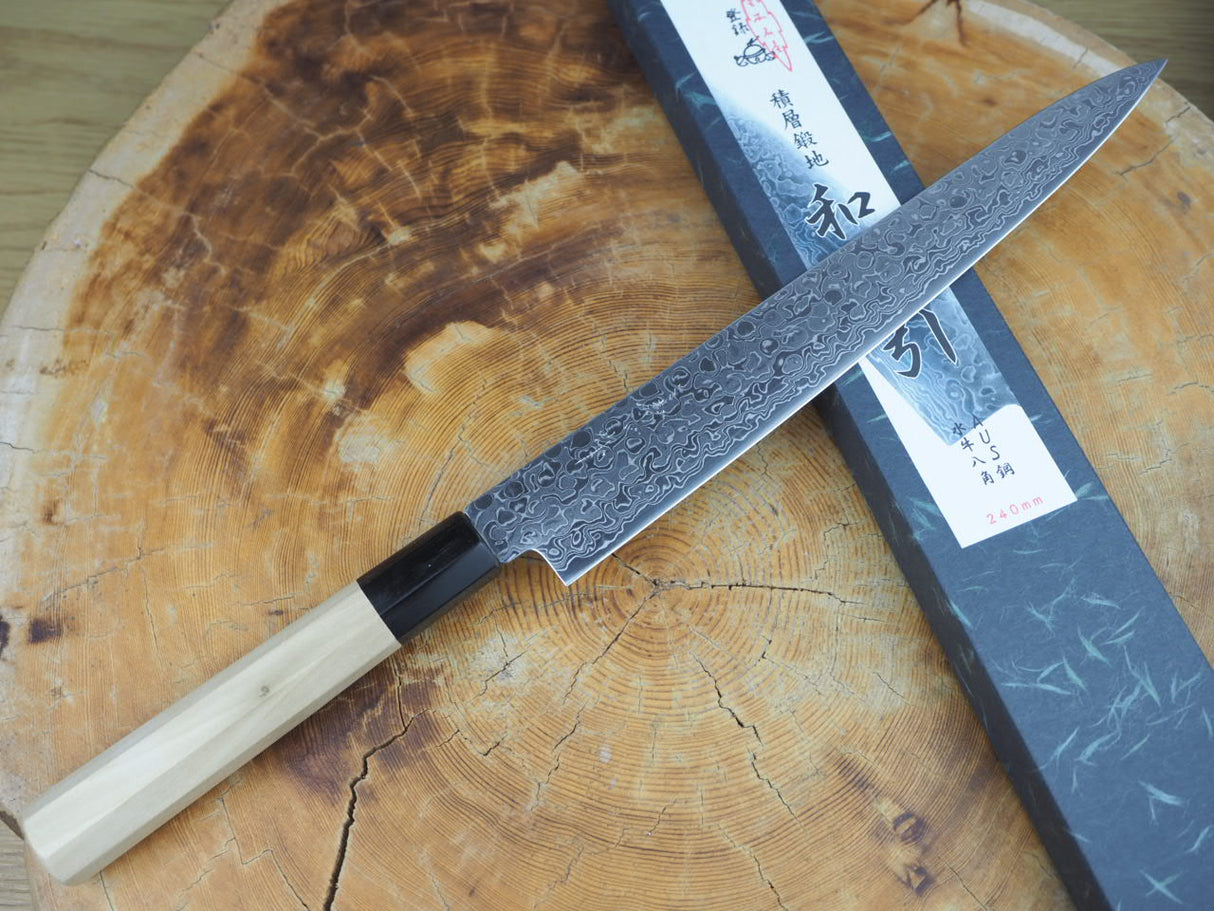 Misuzu Wa-Sujihiki (Carving/Slicer) AUS10 Core Damascus Steel Magnolia and Buffalo Horn Handle 24cm