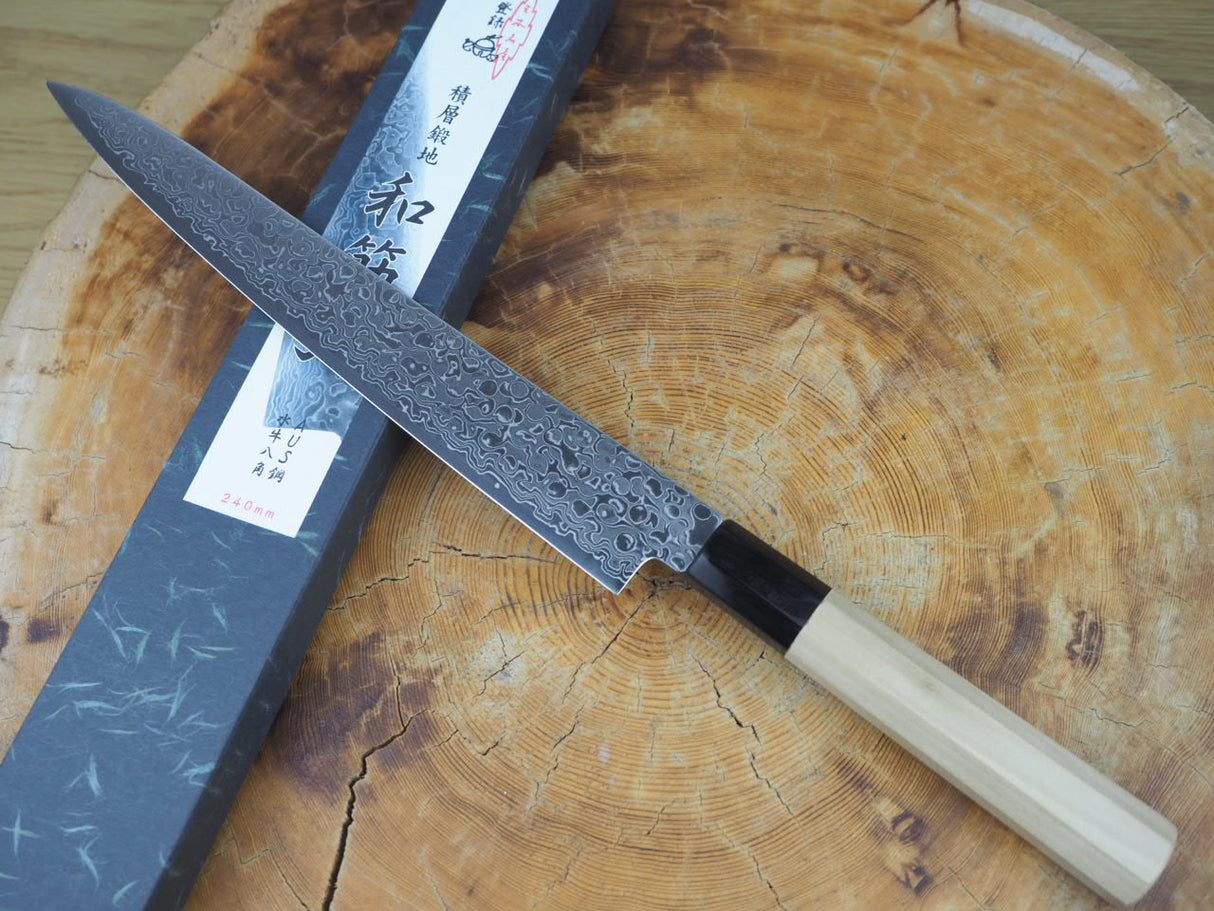 Misuzu Wa-Sujihiki (Carving/Slicer) AUS10 Core Damascus Steel Magnolia and Buffalo Horn Handle 24cm