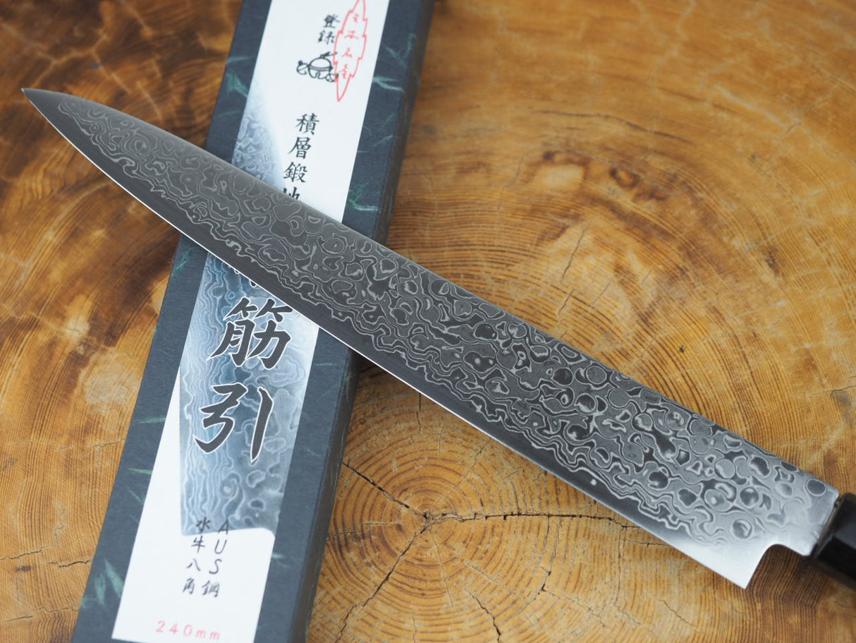 Misuzu Wa-Sujihiki (Carving/Slicer) AUS10 Core Damascus Steel Magnolia and Buffalo Horn Handle 24cm