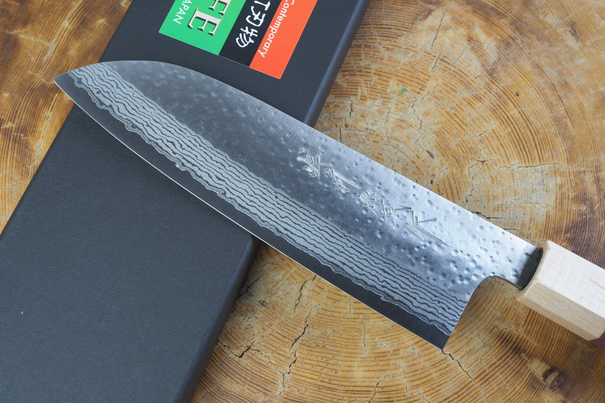 Kamo Knives - VG10 Raindrop Pattern Hammered Santoku 16.5cm with Coloured Stabilized Wood Handle