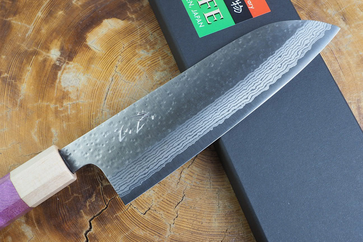 Kamo Knives - VG10 Raindrop Pattern Hammered Santoku 16.5cm with Coloured Stabilized Wood Handle